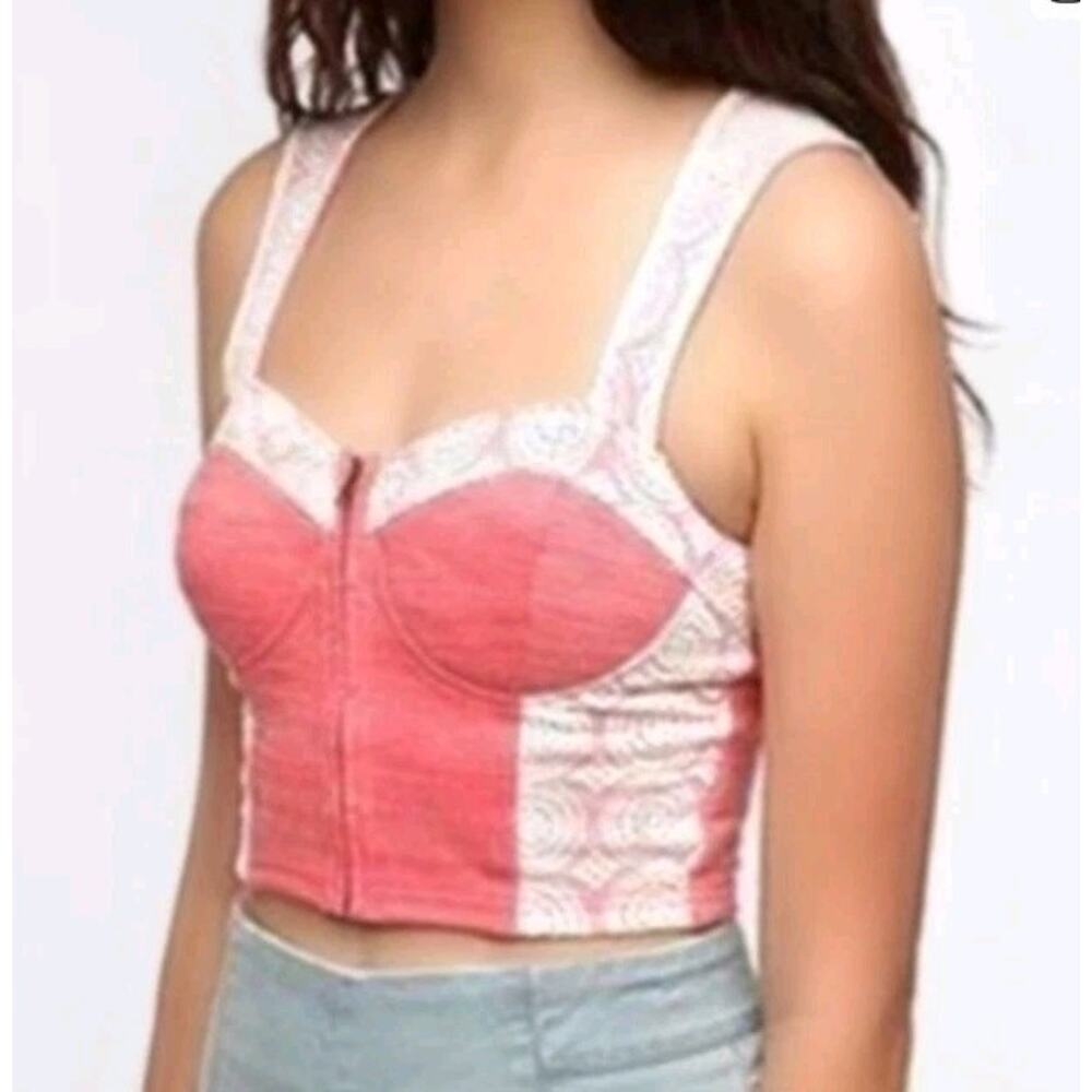 Pins & Needles Urban Outfitters Bustier Pink Open Back Front Zip Lace Crop Top L